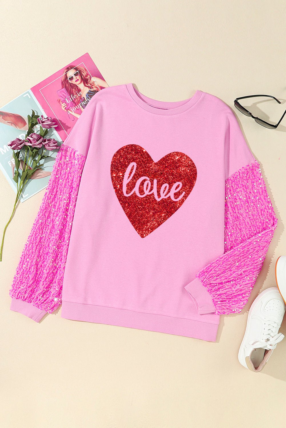 Pink Shiny Heart Shape love Print Sequined Sleeve Top - Blu Pepper Boutique
