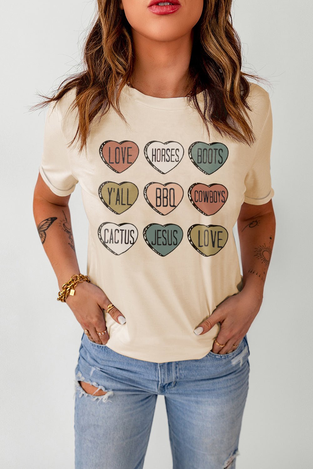 Khaki Heart Shaped Graphic Cowgirl T Shirt - Blu Pepper Boutique