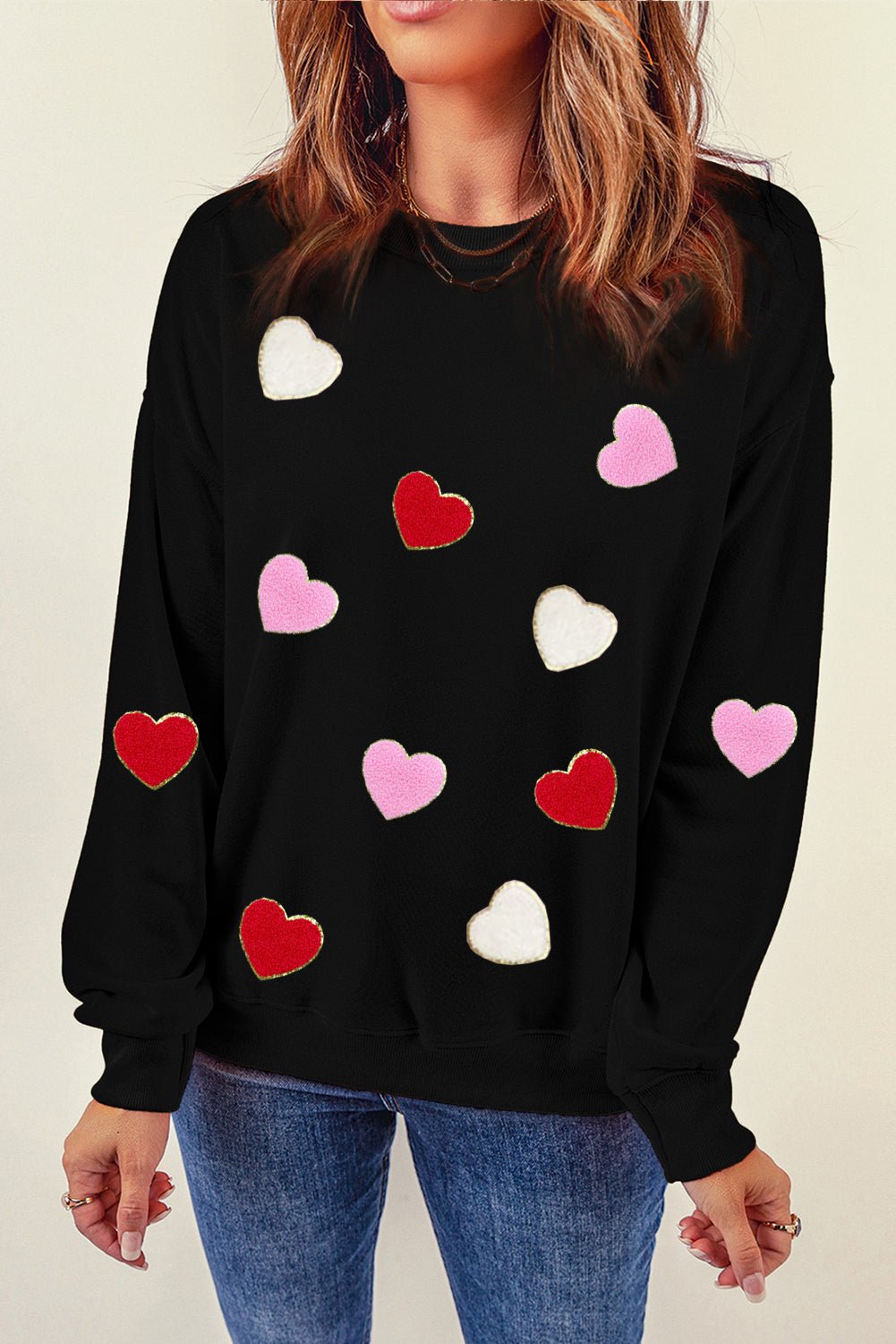 Black Heart Shaped Chenille Embroidered Crew Neck Sweatshirt - Blu Pepper Boutique