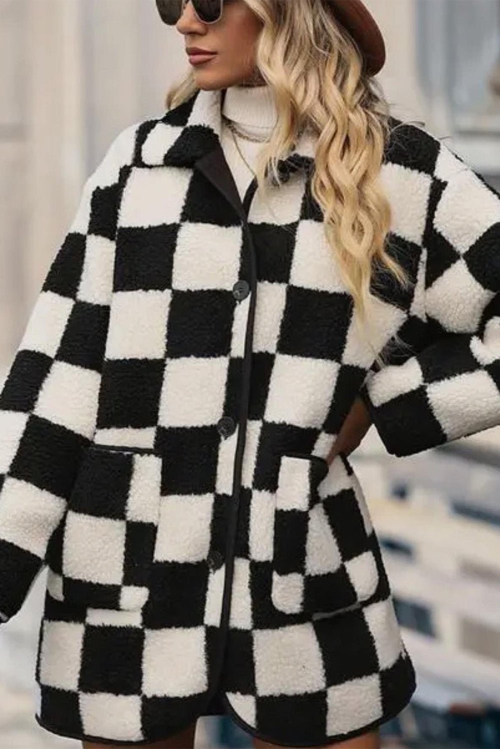 Black Checkered Side Pockets Collared Buttoned Fleece Jacket - Blu Pepper Boutique