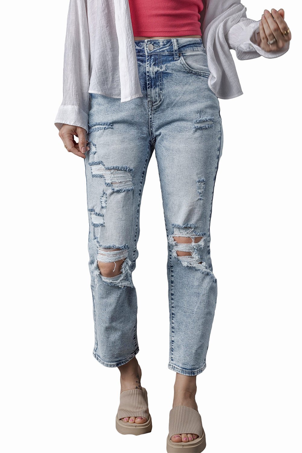 Sky Blue Light Wash Frayed Slim Fit High Waist Jeans - Blu Pepper Boutique