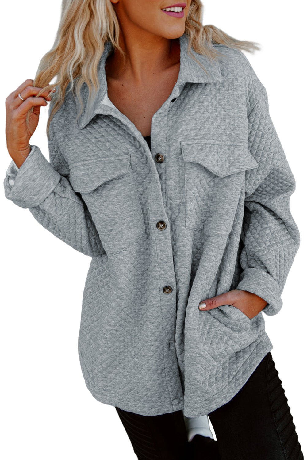 Gray Retro Quilted Flap Pocket Button Shacket - Blu Pepper Boutique