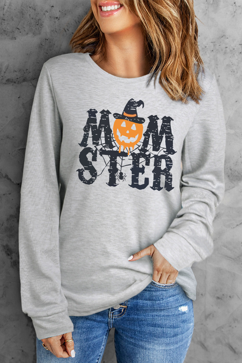 Gray MOM STER Halloween Pumpkin Graphic Crew Neck Top