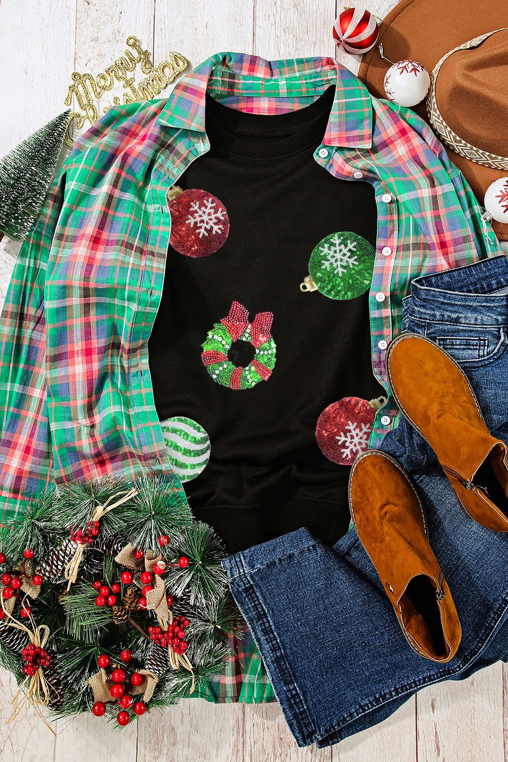Black Sequined Christmas Graphic Pullover Sweatshirt - Blu Pepper Boutique