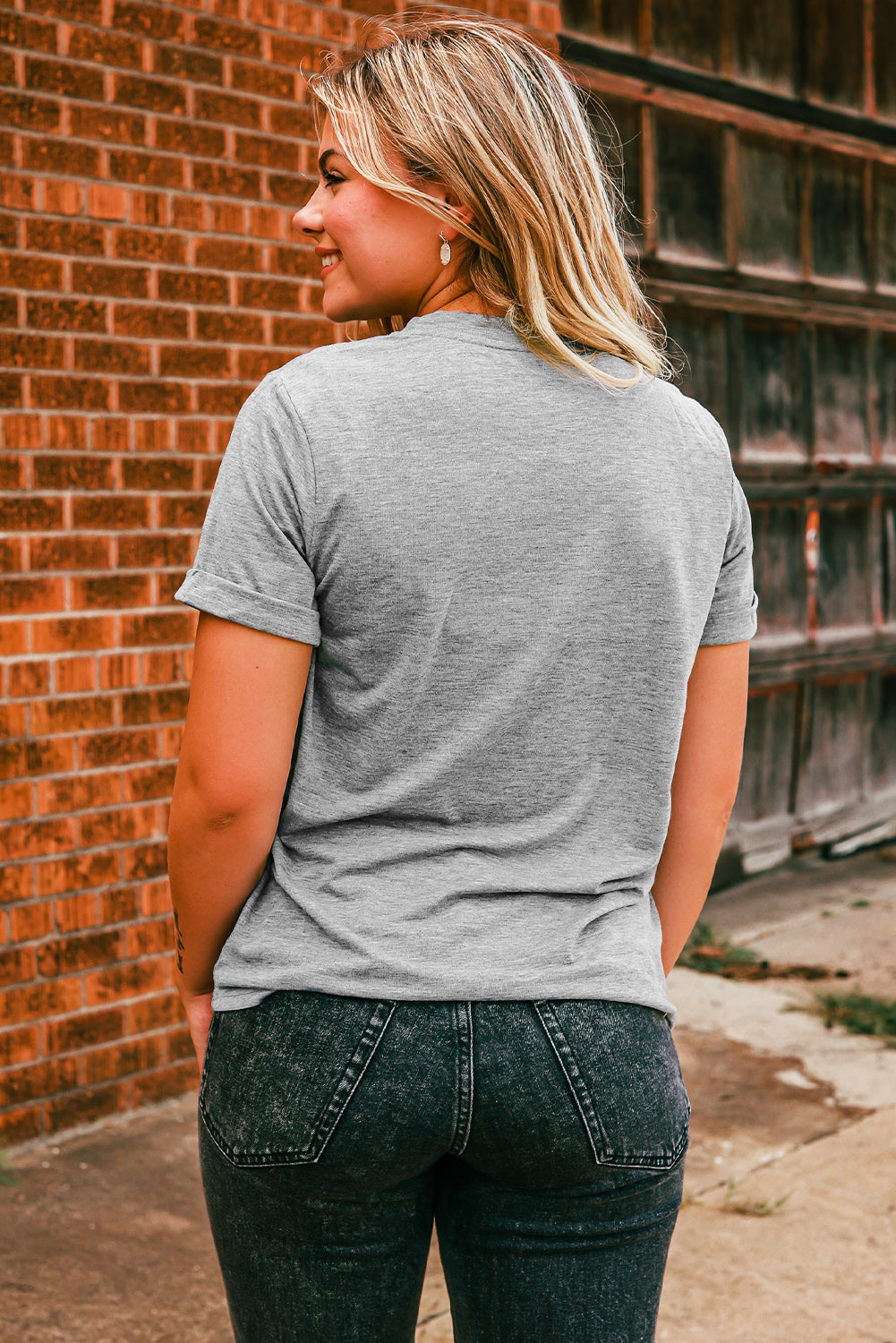 Gray Merry Christmas Tree Pattern Print Crew Neck Graphic Tee