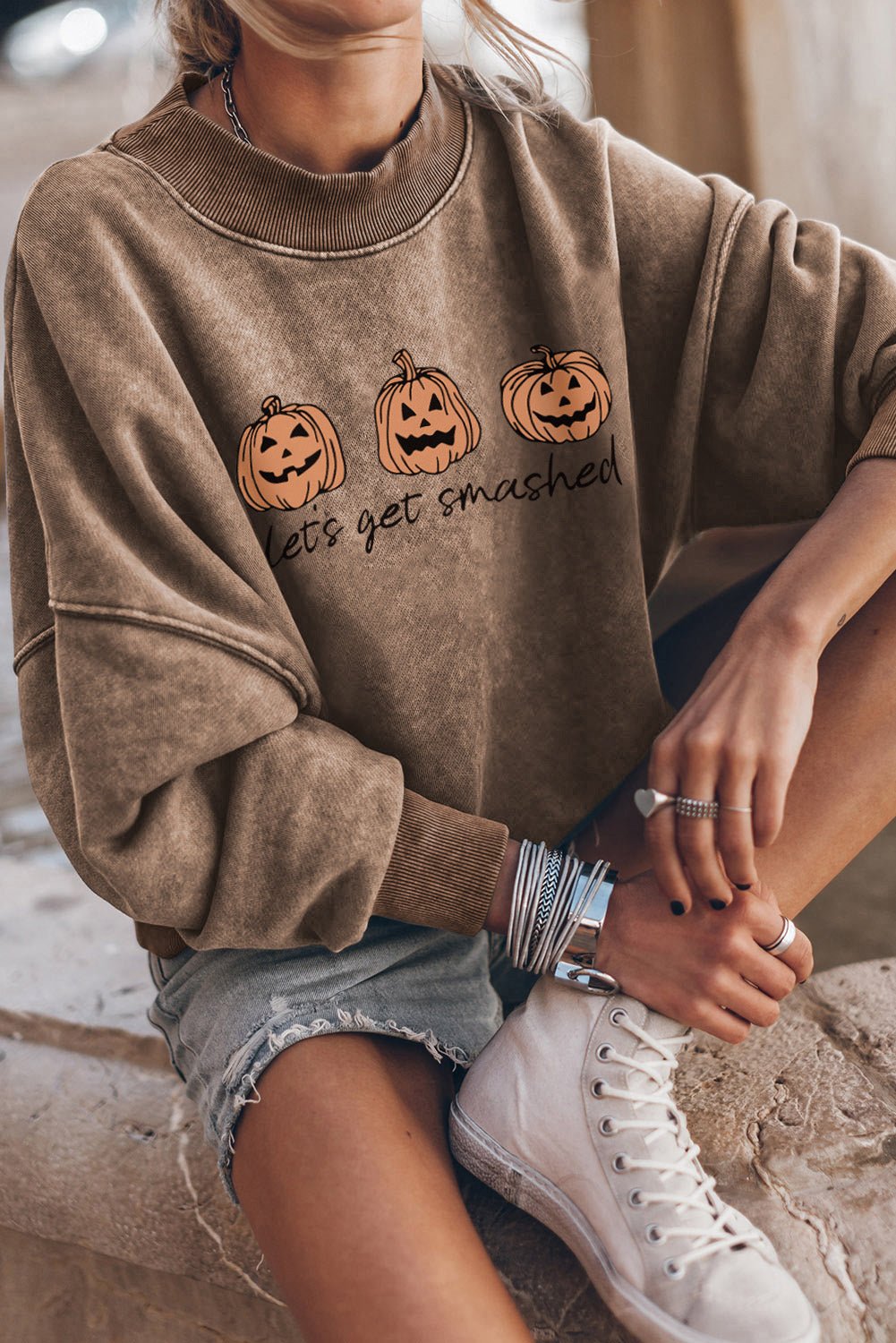 Brown Let\'s Get Smashed Halloween Pumpkin Graphic Sweatshirt - Blu Pepper Boutique