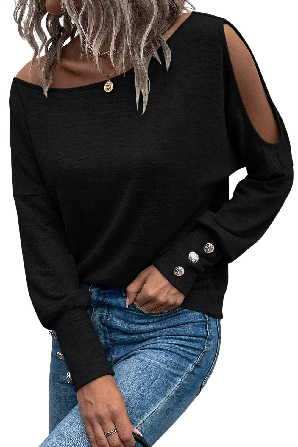Black Asymmetrical Cut Out Buttoned Long Sleeve Top - Blu Pepper Boutique