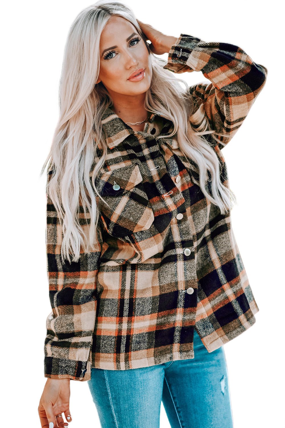 Orange Geometric Plaid Print Pocketed Shacket - Blu Pepper Boutique