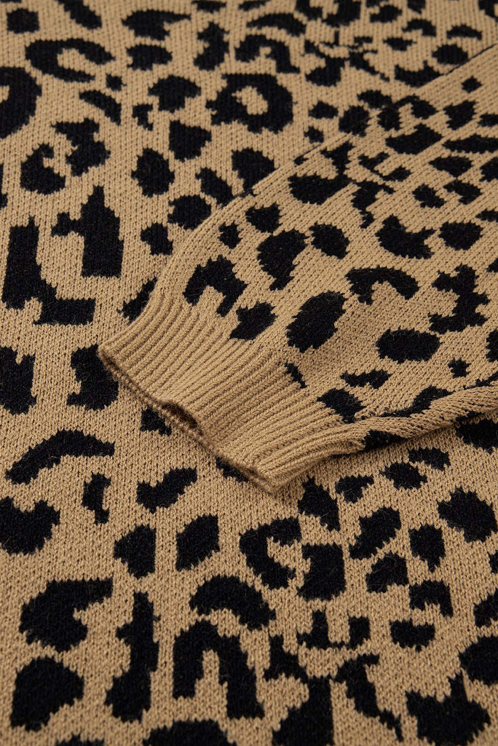 Light French Beige Ribbed Trim Round Neck Leopard Drop Shoulder Sweater - Blu Pepper Boutique