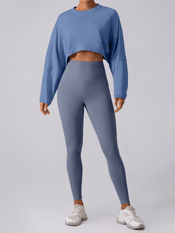 Round neck sweatshirt T-shirt sports short base shirt yoga running loose long sleeve top - Blu Pepper Boutique