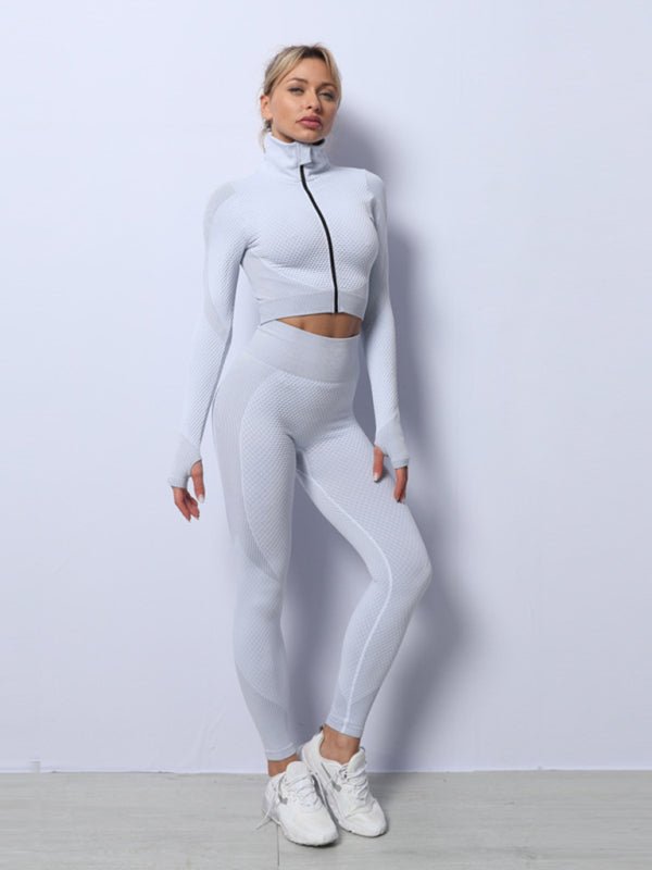 Sports Yoga Clothing Set Fitness Tank Top Jacket High Waist Yoga Pants Three Piece Set - Blu Pepper Boutique