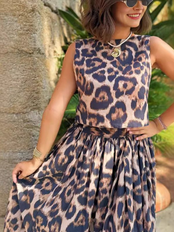 Casual Leopard Printed Top + Half Body Skirt Two Piece Set - Blu Pepper Boutique