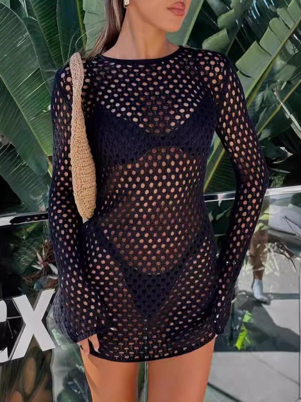 Knitted beach dress sexy hollow backless sun protection clothing seaside holiday bikini blouse - Blu Pepper Boutique