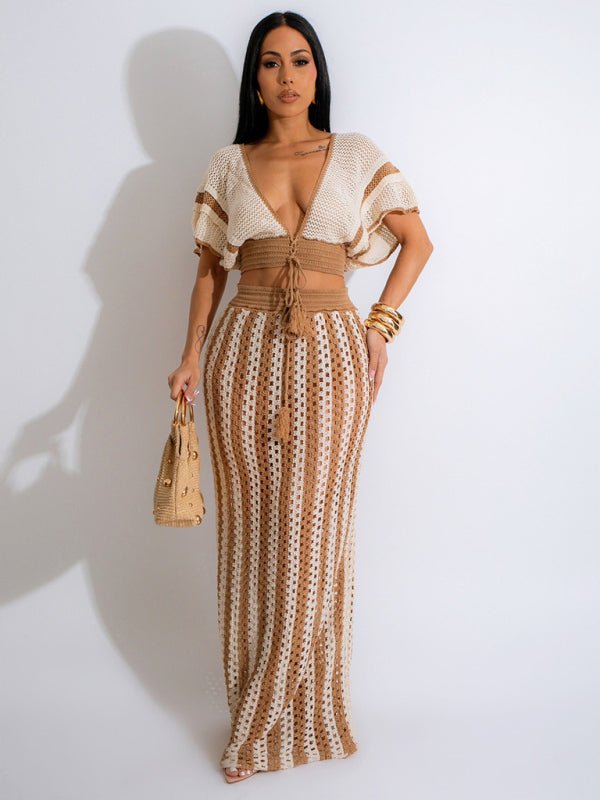 、Women's Sexy V-neck Hollow Striped Knitted Long Skirt SuWomen's Sexy V-neck Hollow Striped Knitted Long Skirt Set - Blu Pepper Boutique