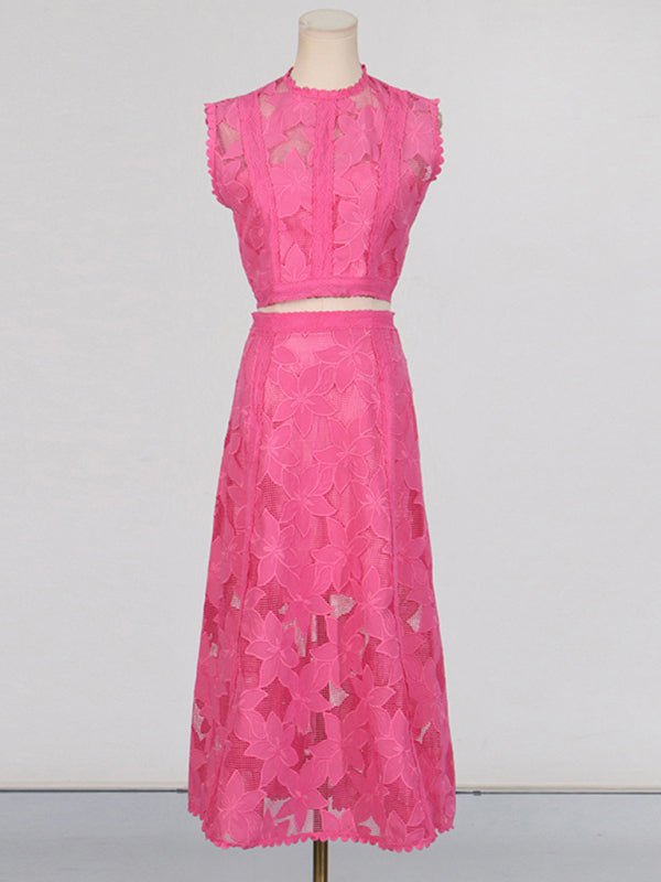 Women's Vacation Round Neck Sleeveless Top + High Waist Embroidered Skirt Set - Blu Pepper Boutique