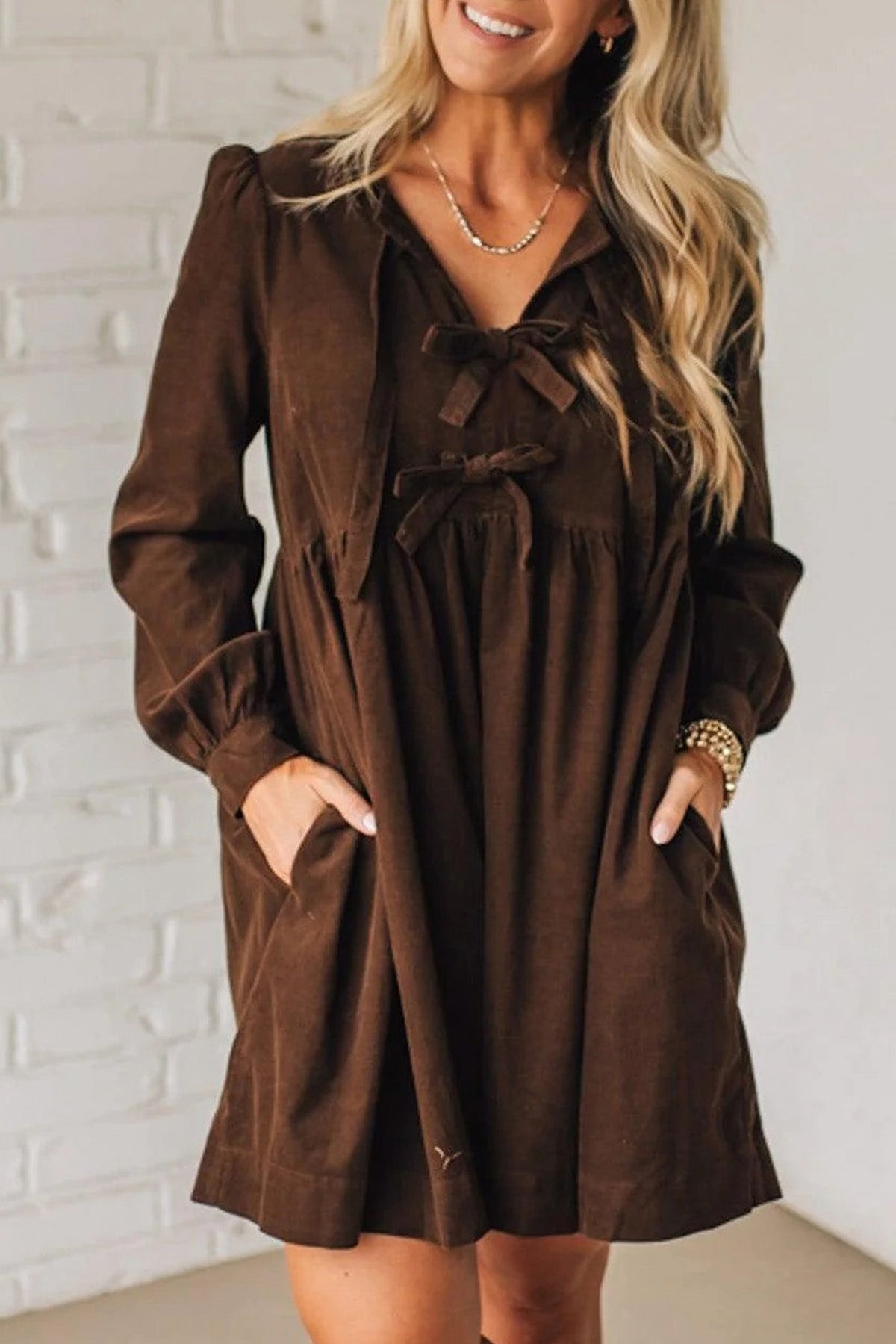 Mini Dress Coffee Bow Knot Front Corduroy - Blu Pepper Boutique |Mini Dresses