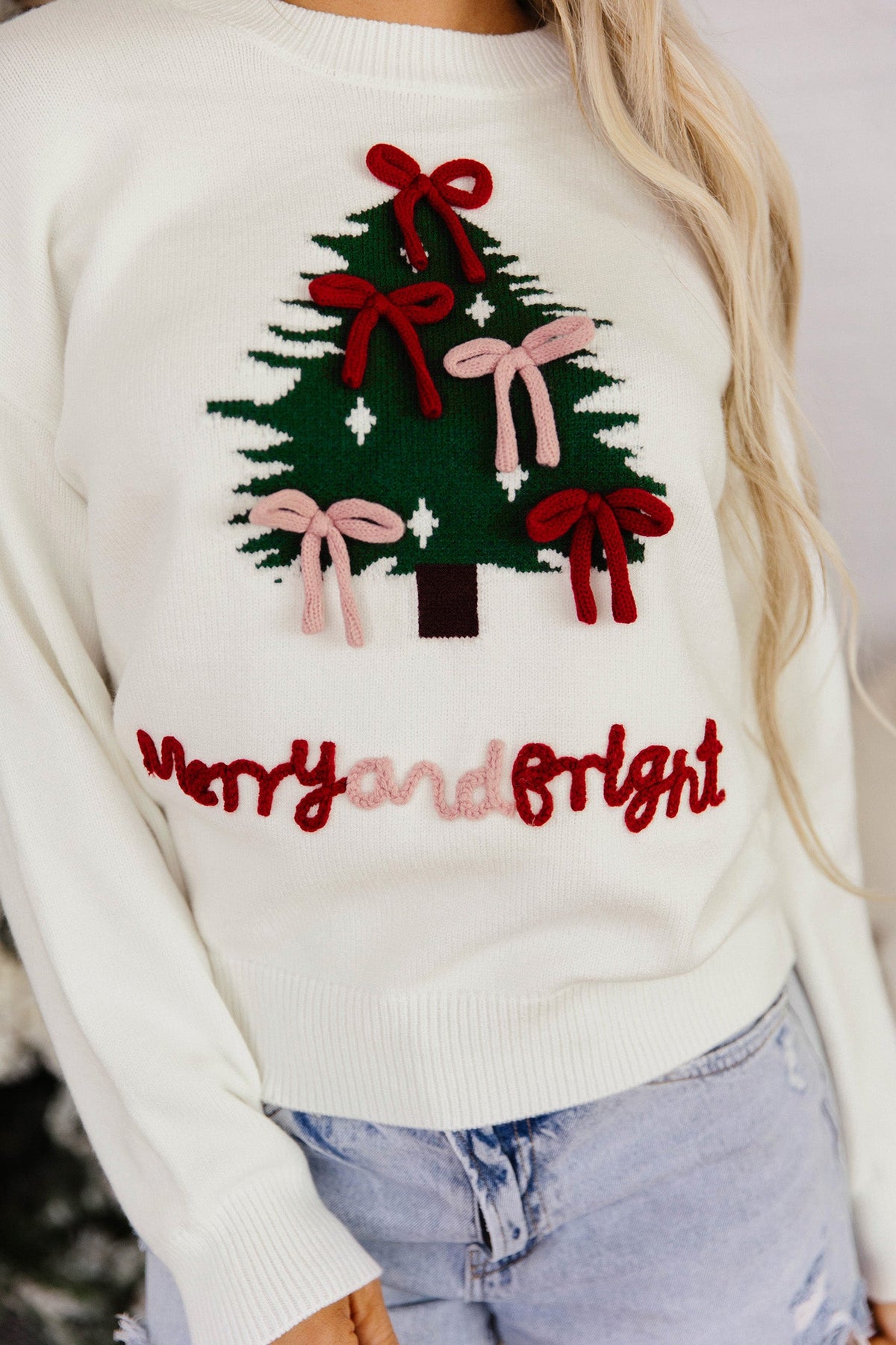 White Christmas Tree Bow Drop Shoulder Knit Sweater - Blu Pepper Boutique |Sweaters