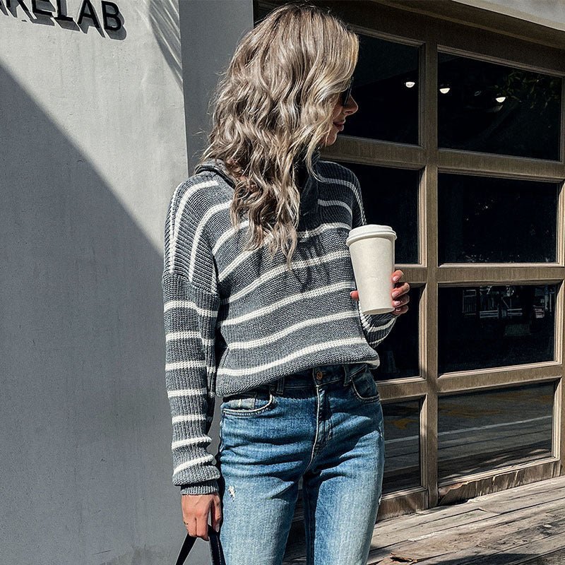 Women's Long Sleeve Lapel Striped Sweater - Blu Pepper Boutique