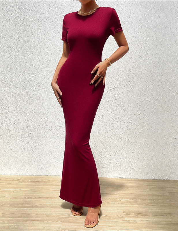 Elegant solid color round neck short-sleeved slim dress