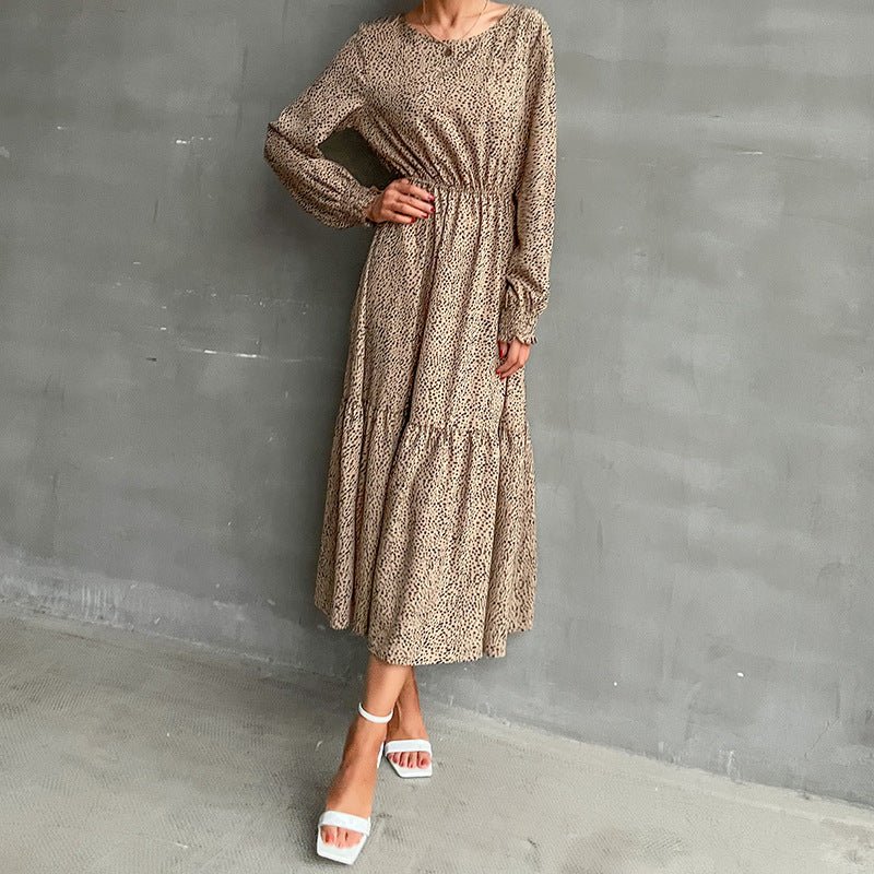 Leopard long sleeve round neck long dress female autumn and winter - Blu Pepper Boutique
