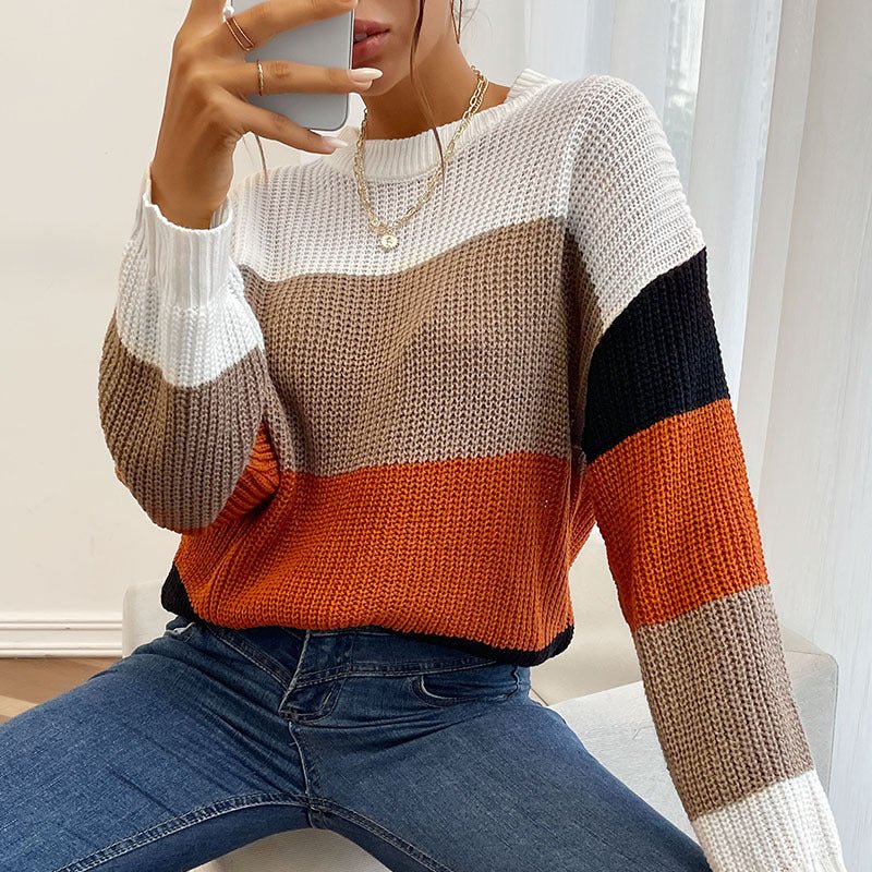 New Lazy Style Colorblock Crewneck Ladies Sweater - Blu Pepper Boutique