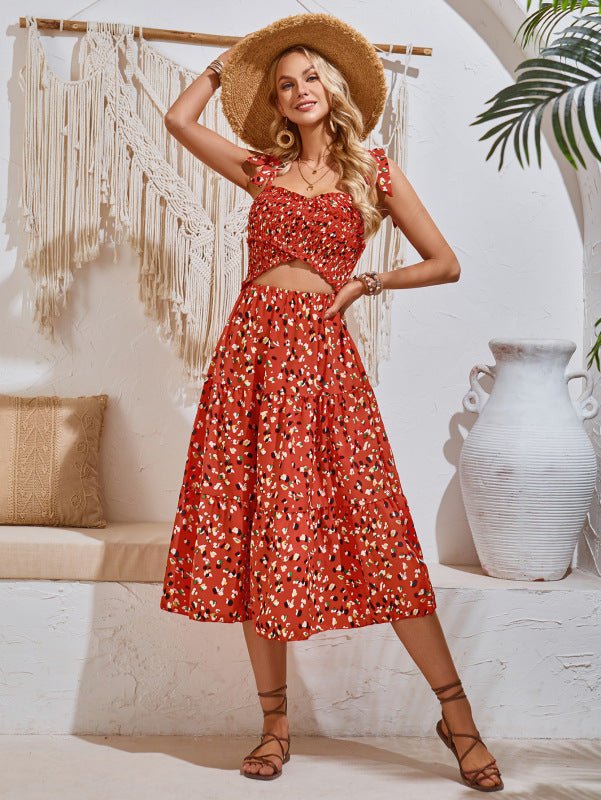 Women's Printed Hollow Tie-Strap Dress - Blu Pepper Boutique