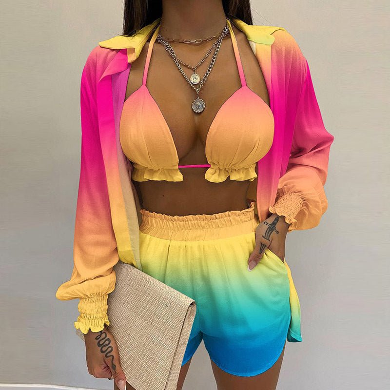 Women's Solid Color Long Sleeve Shirt And A Triangle Bikini And Shorts Three-Piece Set - Blu Pepper Boutique