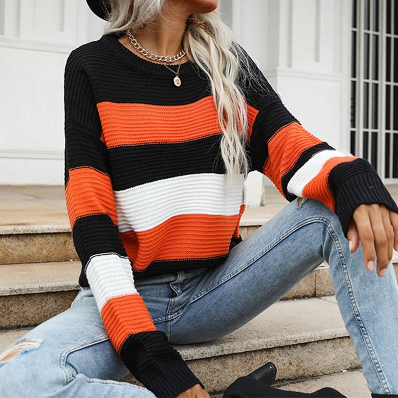 women's thin long sleeve loose striped knitted sweater - Blu Pepper Boutique