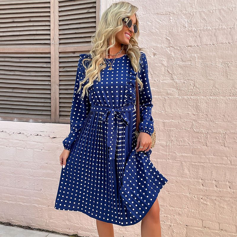 Lotus leaf long -sleeved wave dot autumn and winter dress women - Blu Pepper Boutique