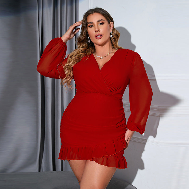 Plus size V-neck long-sleeved chiffon dress