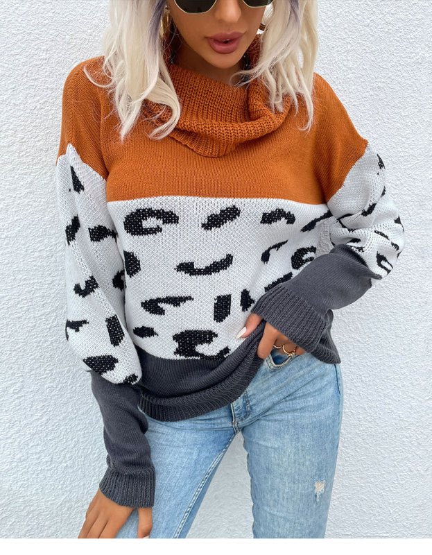 women's leopard print contrast color long sleeve pullover sweater - Blu Pepper Boutique
