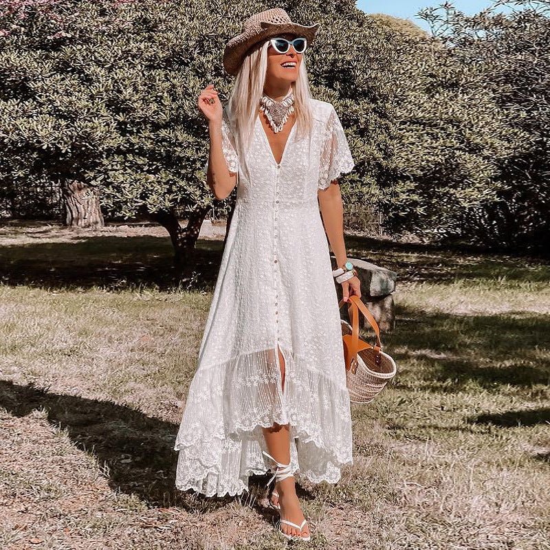 Women's Solid Color V-neck Lace Inset Button Front Maxi Dress - Blu Pepper Boutique