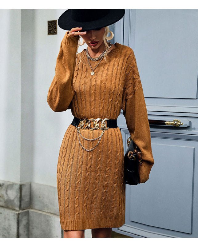 Knit Solid Color Long Sleeve Round Neck Linen Pattern Sweater Dress - Blu Pepper Boutique