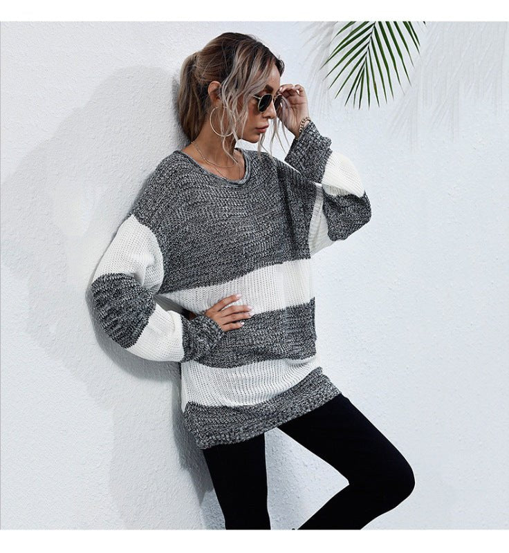 women's mid-length color block knitted sweater - Blu Pepper Boutique