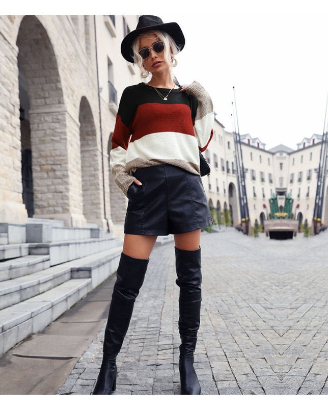 Women's Fall Loose Long Sleeve Colorblock Sweater - Blu Pepper Boutique