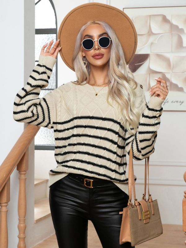 Women's Casual Button Striped Long Sleeve Pullover Sweater - Blu Pepper Boutique