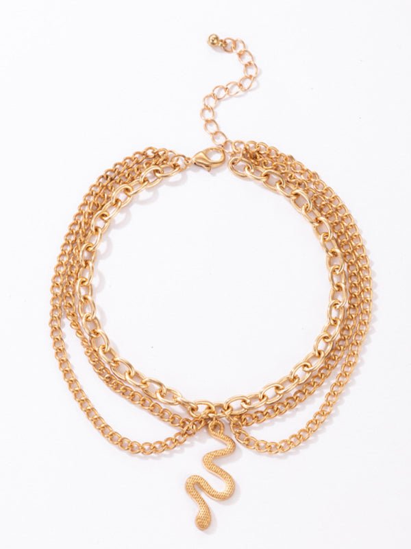 Gold heart-shaped chain anklet tassel snake-shaped pendant three-layer anklet for women - Blu Pepper Boutique