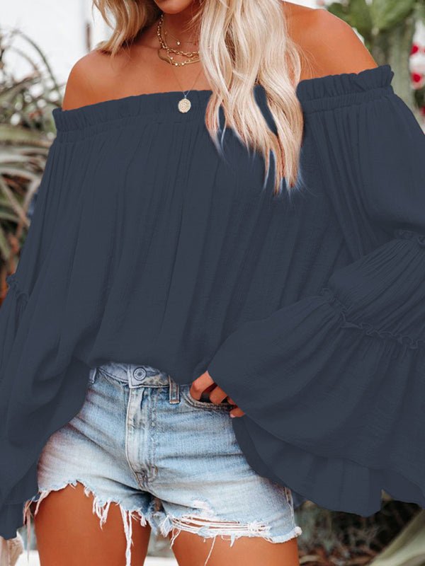 Women's Slub Cotton Women's Flared Sleeve One-Line Neck Sexy Top - Blu Pepper Boutique