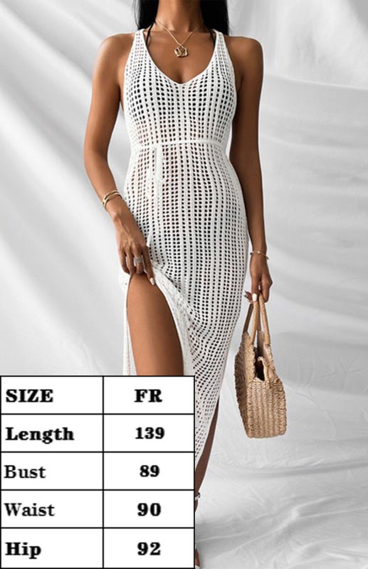 Sexy V-Neck Hollow Backless Hem Slit Sleeveless Dress Bikini Knit Cover-Up - Blu Pepper Boutique