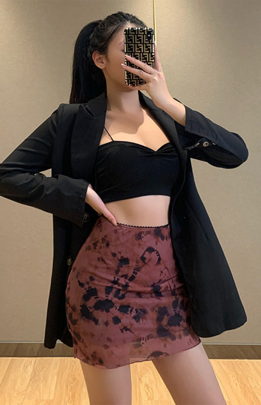 Printed Mesh High Waist Double-Layer Slim Package Hip Half-Body Skirt