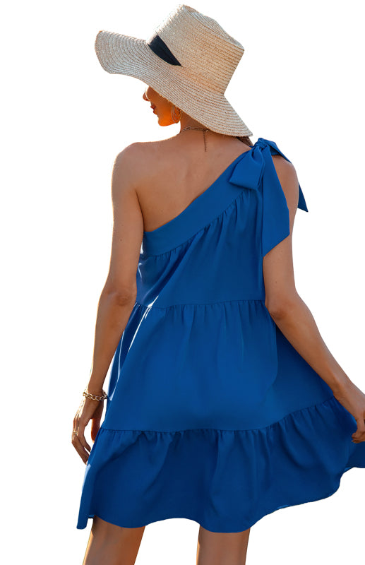 Women's Diagonal Neck Solid Color Ruffle Dress