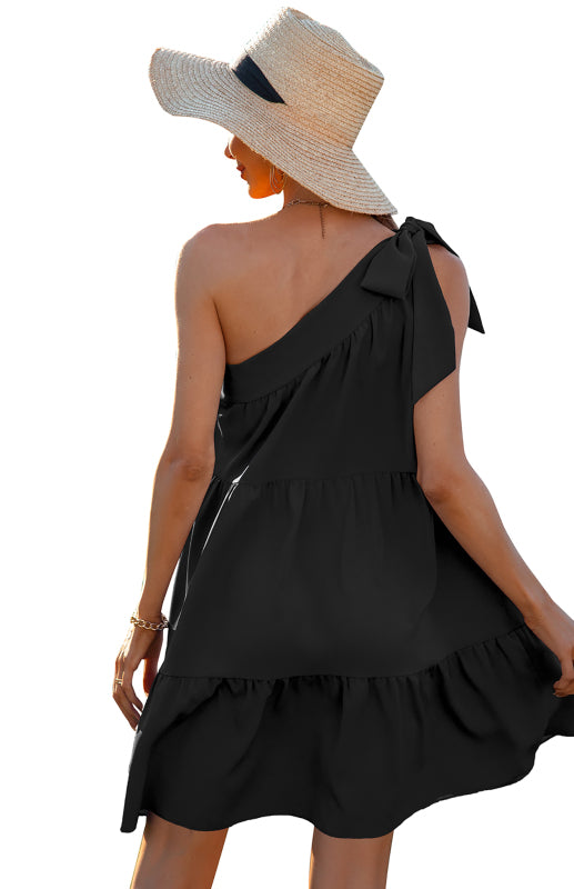 Women's Diagonal Neck Solid Color Ruffle Dress