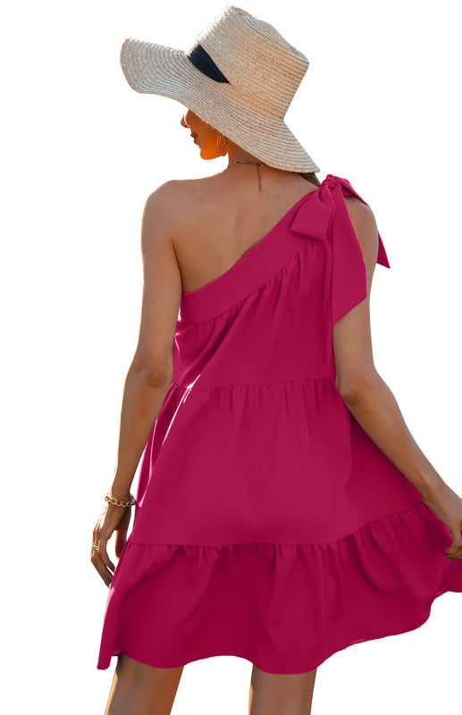 Women's Diagonal Neck Solid Color Ruffle Dress