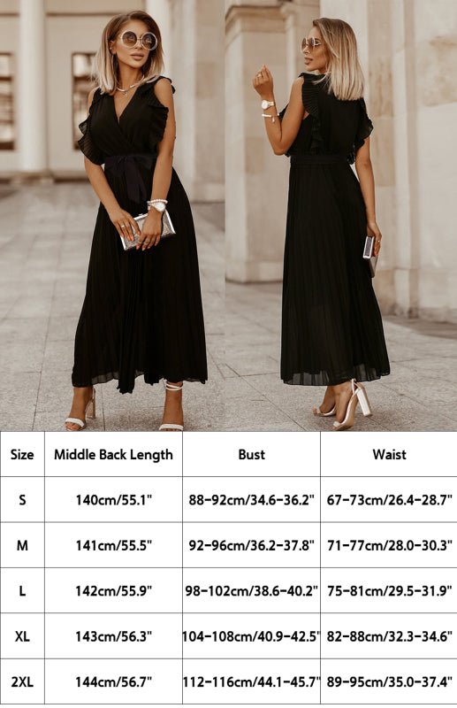 Women's Solid Color Curve Pleated Flutter Sleeve Tie Waist Maxi Dress - Blu Pepper Boutique