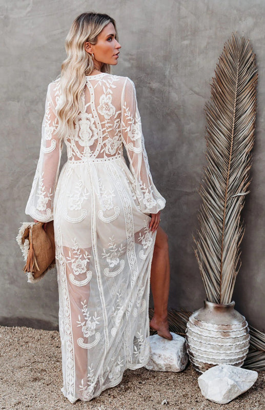 Women's Solid Color Mesh Sheer Puff Sleeve V-neck Slit Maxi Dress
