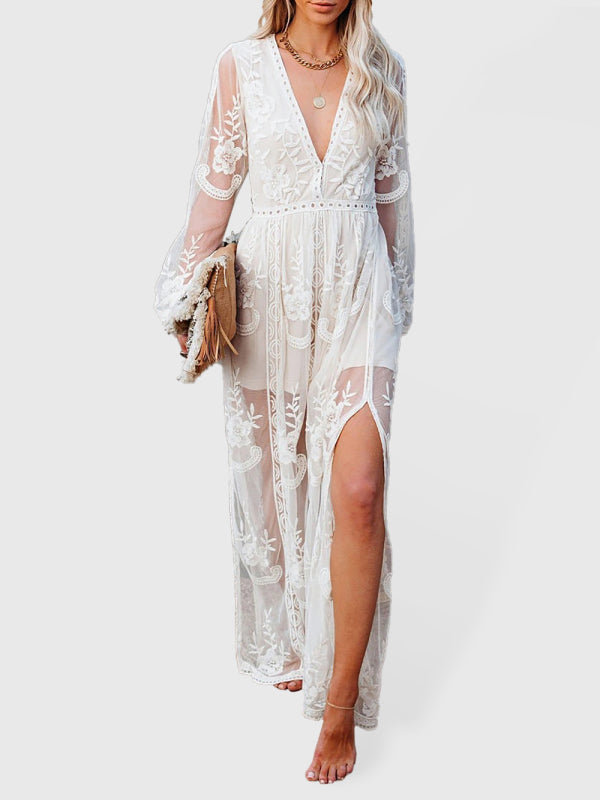 Women's Solid Color Mesh Sheer Puff Sleeve V-neck Slit Maxi Dress