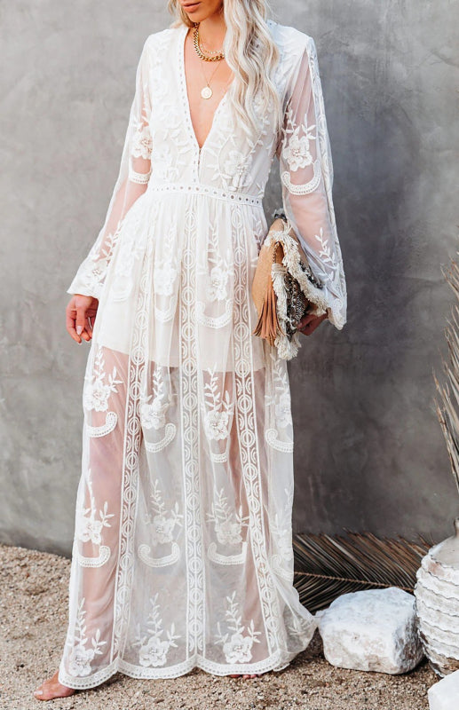 Women's Solid Color Mesh Sheer Puff Sleeve V-neck Slit Maxi Dress