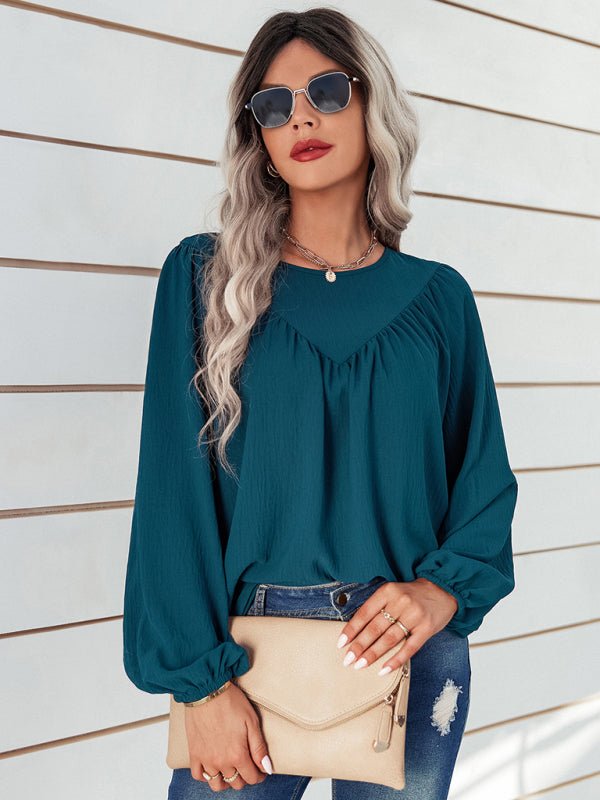 Women's casual loose round neck solid color pullover shirt - Blu Pepper Boutique