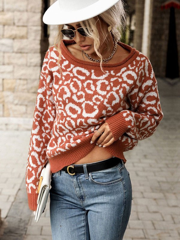 Ladies Casual Fashion Jacquard Long Sleeve Leopard Sweater - Blu Pepper Boutique