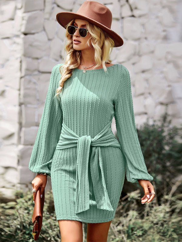 Women's Round Neck Long Sleeve Waist Slim Dress - Blu Pepper Boutique